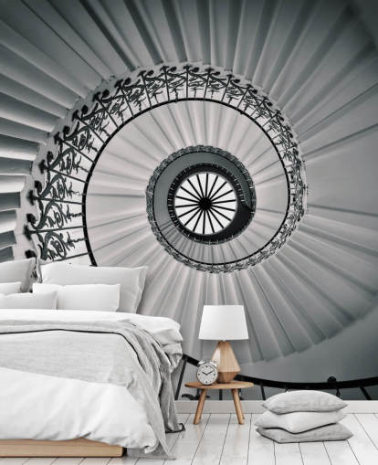 black and white curved stair case wallpaper