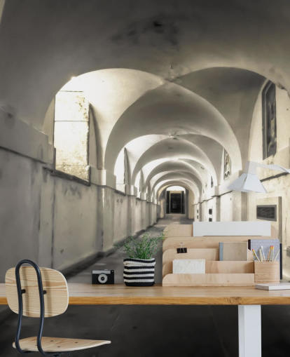 white building long coridoor wall mural