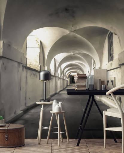 weißes Gebäude lang Coridoor Wandgemälde