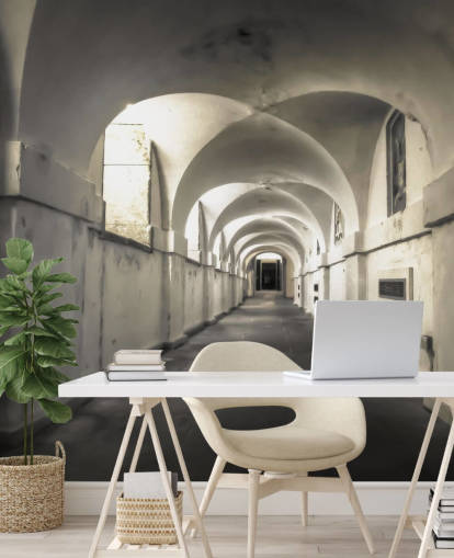 white building long coridoor wall mural