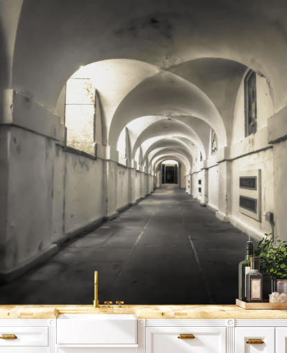 white building long coridoor wall mural