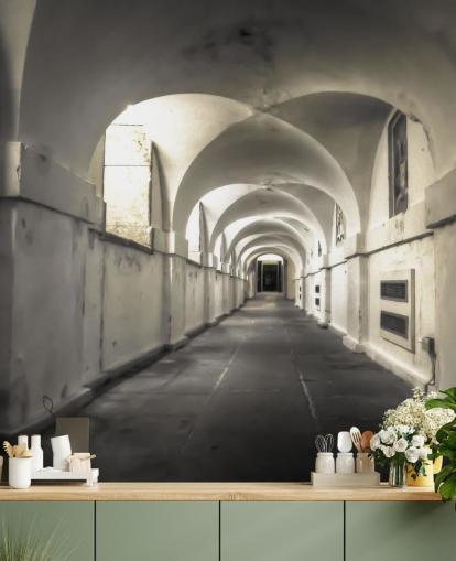 white building long coridoor wall mural