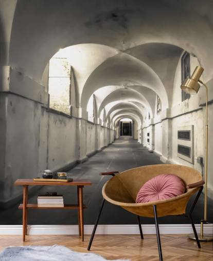 white building long coridoor wall mural