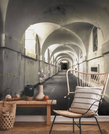 white building long coridoor wall mural