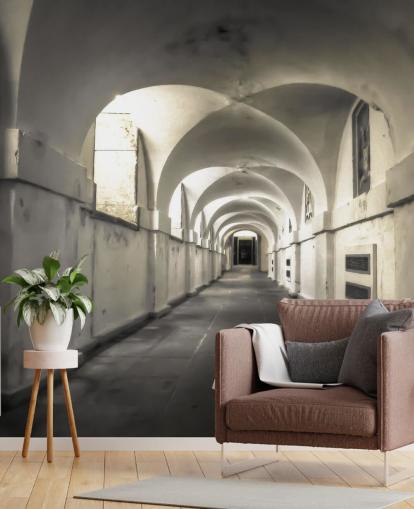 white building long coridoor wall mural