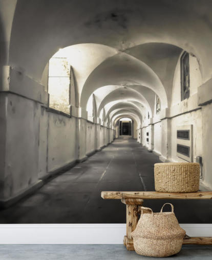 white building long coridoor wall mural