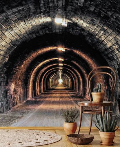donkere tunnelbehangmuurschildering op maat genaamd Light at the End of the Tunnel 
