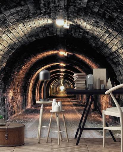 dark custom tunnel wallpaper mural called Light at the End of the Tunnel 