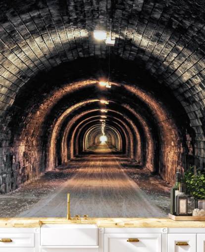 dunkles individuelles Tunneltapeten-Wandbild mit dem Titel Licht am Ende des Tunnels 