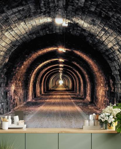mørkt tilpasset tunnel tapet veggmaleri kalt Light at the End of the Tunnel 