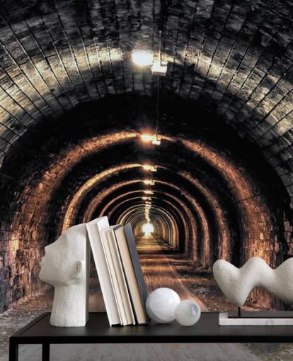 mørkt brugerdefineret tunnel tapetmaleri kaldet Lys i slutningen af tunnelen 