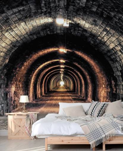 carta da parati murale con tunnel personalizzato scuro chiamato Light at the End of the Tunnel 