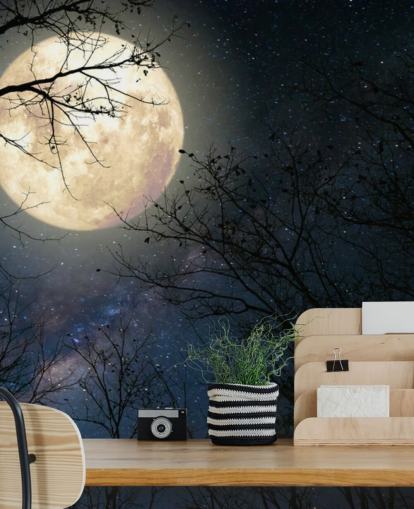 Navy Blue Starry Sky with Moon Over Forest Wall Mural