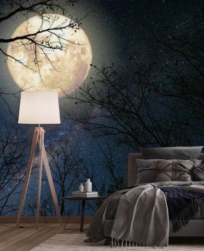 Navy Blue Starry Sky with Moon Over Forest Wall Mural