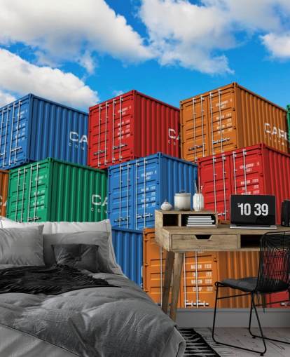 Stacked Cargo Containers at Port Wall Mural Wallpaper Stacked Cargo Containers at Port Wall Mural Wallpaper