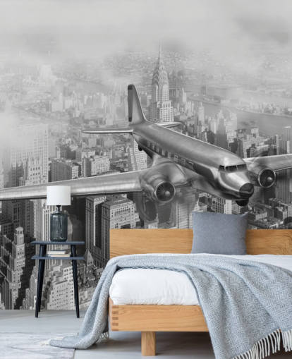 carta da parati murale personalizzabile in bianco e nero con aeroplano vintage chiamata DC-3 Over NYC per salotti, uffici e camere carta da parati murale personalizzabile in bianco e nero con aeroplano vintage chiamata DC-3 Over NYC per salotti, uffici e camere