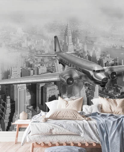 mustavalkoinen muokattava vintage-lentokoneen taustakuvamaalaus nimeltään DC-3 Over NYC olohuoneisiin, toimistoihin ja vierashuoneisiin