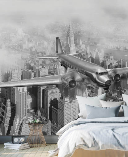 mustavalkoinen muokattava vintage-lentokoneen taustakuvamaalaus nimeltään DC-3 Over NYC olohuoneisiin, toimistoihin ja vierashuoneisiin