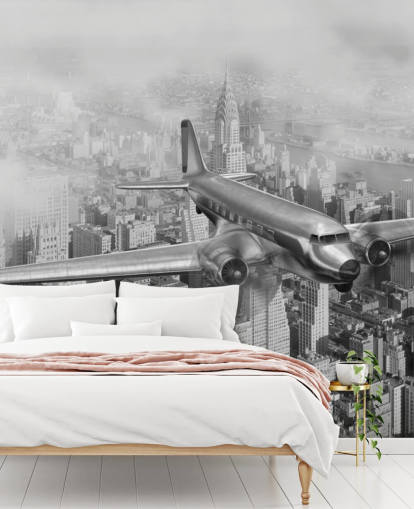 papier peint mural d'avion vintage personnalisable en noir et blanc appelé DC-3 Over NYC pour les salons, les bureaux et les chambres