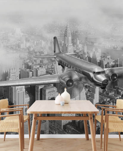 schwarz-weiße, individuell gestaltbare Flugzeugtapete im Vintage-Stil namens DC-3 Over NYC für Wohnzimmer, Büro und Gästezimmer
