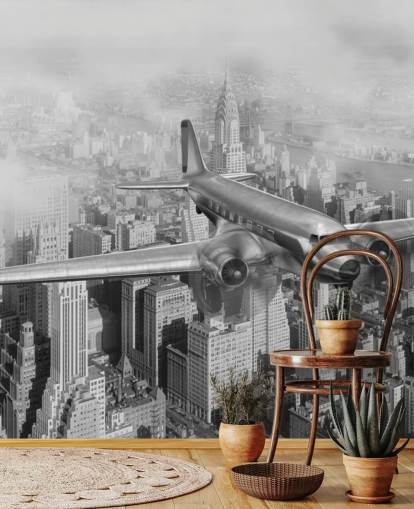 carta da parati murale personalizzabile in bianco e nero con aeroplano vintage chiamata DC-3 Over NYC per salotti, uffici e camere