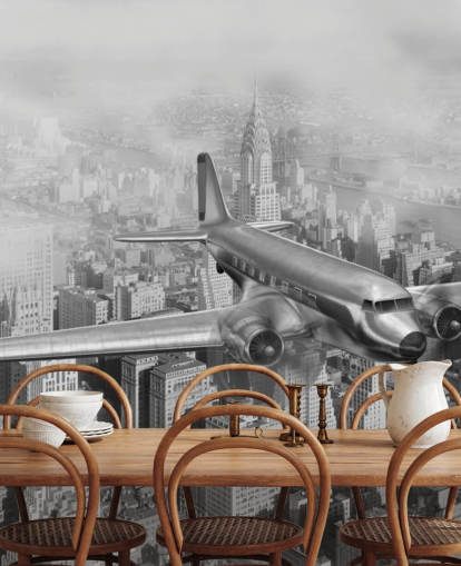 mural de papel pintado de avión vintage personalizable en blanco y negro llamado DC-3 Over NYC para salas de estar, oficinas y habitaciones
