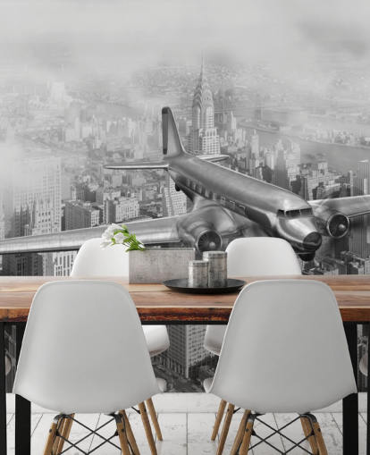 mural de papel pintado de avión vintage personalizable en blanco y negro llamado DC-3 Over NYC para salas de estar, oficinas y habitaciones