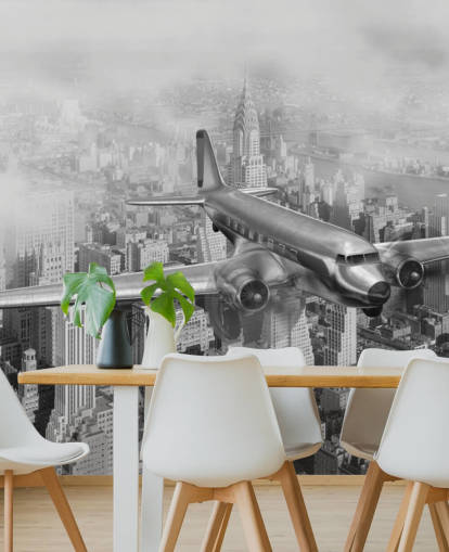 mural de papel pintado de avión vintage personalizable en blanco y negro llamado DC-3 Over NYC para salas de estar, oficinas y habitaciones
