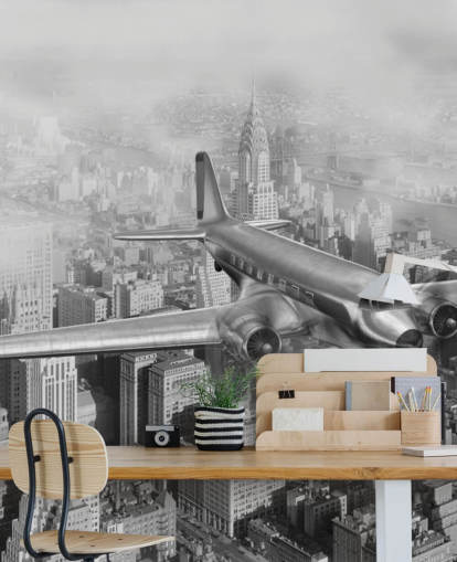 black and white customizable vintage airplane wallpaper mural called DC-3 Over NYC for living rooms, offices and guest rooms