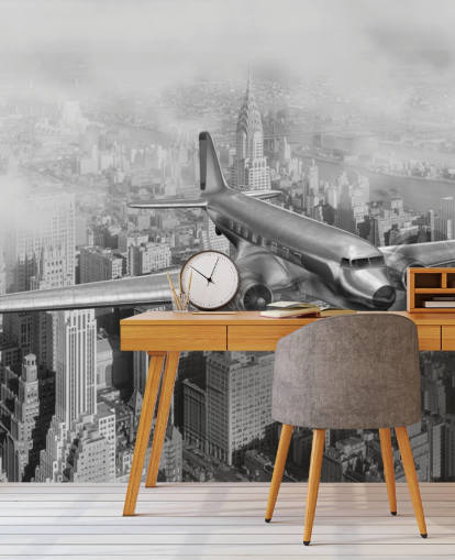 mustavalkoinen muokattava vintage-lentokoneen taustakuvamaalaus nimeltään DC-3 Over NYC olohuoneisiin, toimistoihin ja vierashuoneisiin