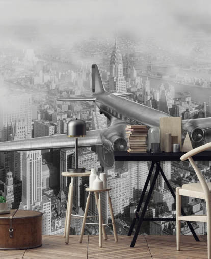 black and white customisable vintage airplane wallpaper mural called DC-3 Over NYC for living rooms, offices and guest rooms