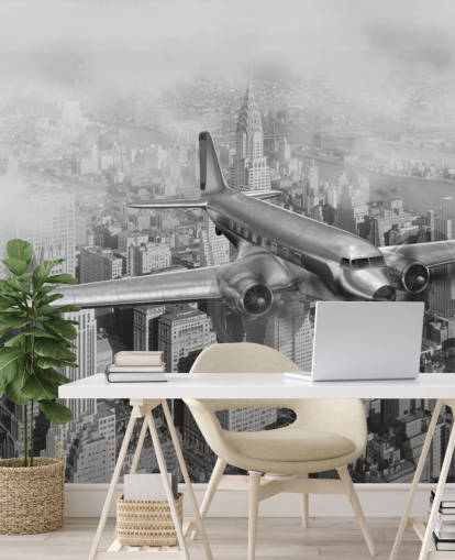 mustavalkoinen muokattava vintage-lentokoneen taustakuvamaalaus nimeltään DC-3 Over NYC olohuoneisiin, toimistoihin ja vierashuoneisiin