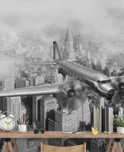 schwarz-weiße, individuell gestaltbare Flugzeugtapete im Vintage-Stil namens DC-3 Over NYC für Wohnzimmer, Büro und Gästezimmer schwarz-weiße, individuell gestaltbare Flugzeugtapete im Vintage-Stil namens DC-3 Over NYC für Wohnzimmer, Büro und Gästezimmer