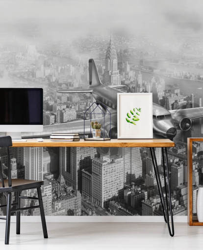 mural de papel pintado de avión vintage personalizable en blanco y negro llamado DC-3 Over NYC para salas de estar, oficinas y habitaciones