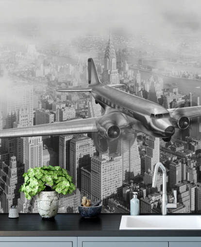 mural de papel de parede de avião vintage personalizável em preto e branco chamado DC-3 Over NYC para salas de estar, escritórios e quartos de hóspedes