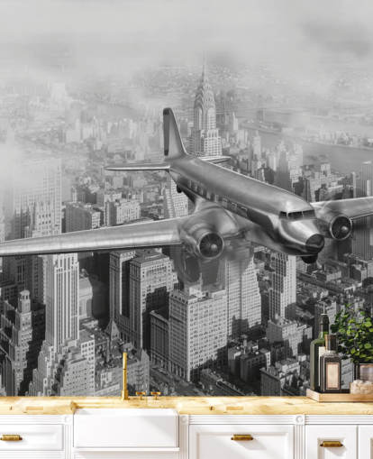 svart-hvitt tilpassbart vintage fly-tapetmaleri kalt DC-3 Over NYC for stuer, kontorer og gjesterom