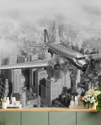 sort/hvid tilpasselig vintage flytapet vægmaleri kaldet DC-3 Over NYC til stuer, kontorer og værelser