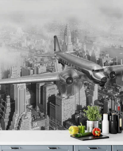 carta da parati murale personalizzabile in bianco e nero con aeroplano vintage chiamata DC-3 Over NYC per salotti, uffici e camere