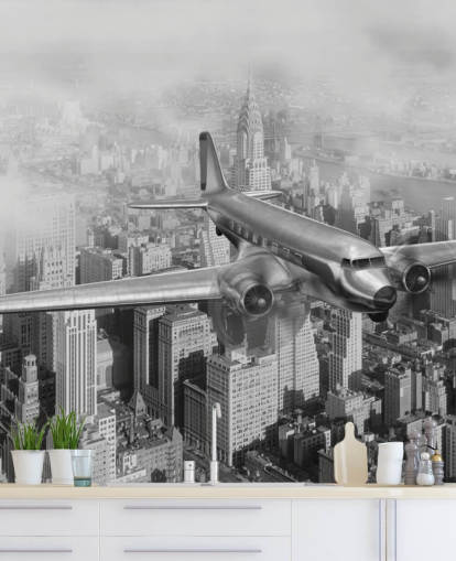 svart-hvitt tilpassbart vintage fly-tapetmaleri kalt DC-3 Over NYC for stuer, kontorer og gjesterom svart-hvitt tilpassbart vintage fly-tapetmaleri kalt DC-3 Over NYC for stuer, kontorer og gjesterom