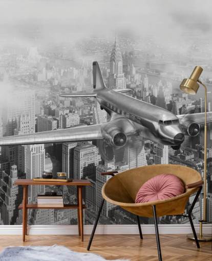 mural de papel de parede de avião vintage personalizável em preto e branco chamado DC-3 Over NYC para salas de estar, escritórios e quartos de hóspedes