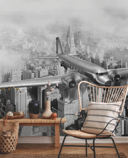 svart-hvitt tilpassbart vintage fly-tapetmaleri kalt DC-3 Over NYC for stuer, kontorer og gjesterom