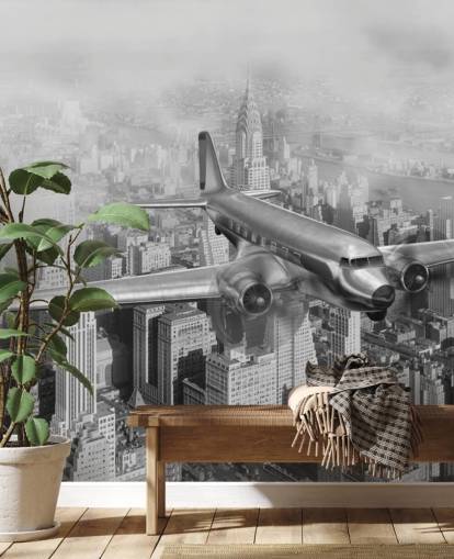 zwart-wit aanpasbare vintage vliegtuigbehangmuurschildering genaamd DC-3 Over NYC voor woonkamers, kantoren en gastenkamers