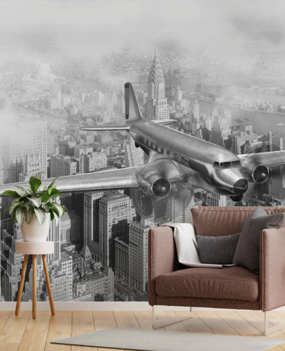 carta da parati murale personalizzabile in bianco e nero con aeroplano vintage chiamata DC-3 Over NYC per salotti, uffici e camere carta da parati murale personalizzabile in bianco e nero con aeroplano vintage chiamata DC-3 Over NYC per salotti, uffici e camere