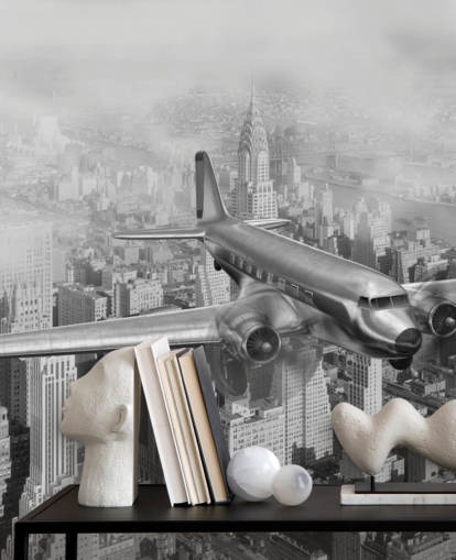 black and white customisable vintage airplane wallpaper mural called DC-3 Over NYC for living rooms, offices and guest rooms