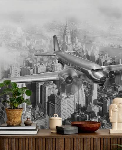 mural de papel pintado de avión vintage personalizable en blanco y negro llamado DC-3 Over NYC para salas de estar, oficinas y habitaciones