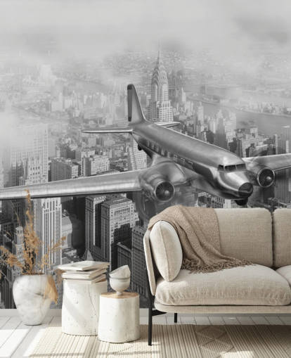 svartvit anpassningsbar vintage flygplansväggmålning kallad DC-3 Over NYC för vardagsrum, kontor och gästrum