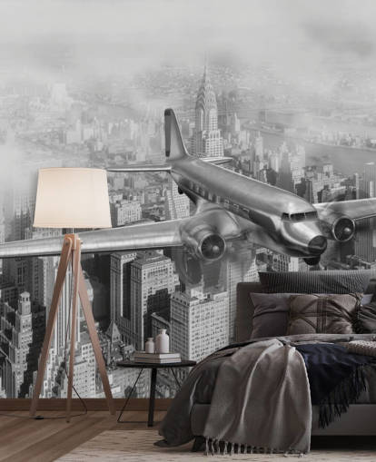 sort/hvid tilpasselig vintage flytapet vægmaleri kaldet DC-3 Over NYC til stuer, kontorer og værelser sort/hvid tilpasselig vintage flytapet vægmaleri kaldet DC-3 Over NYC til stuer, kontorer og værelser