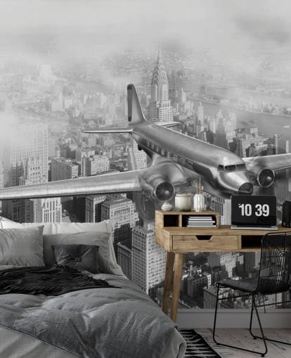 black and white customizable vintage airplane wallpaper mural called DC-3 Over NYC for living rooms, offices and guest rooms