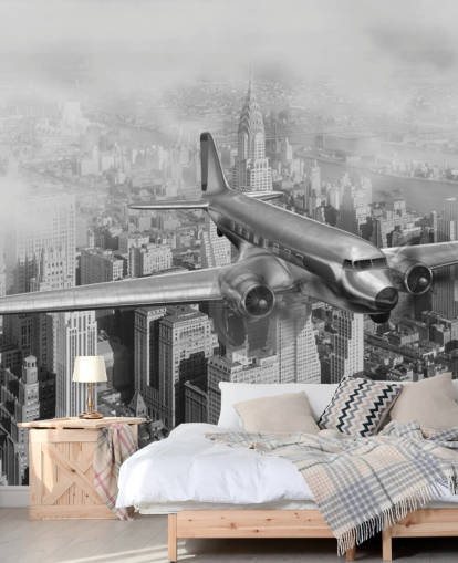 mural de papel pintado de avión vintage personalizable en blanco y negro llamado DC-3 Over NYC para salas de estar, oficinas y habitaciones