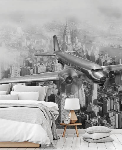 zwart-wit aanpasbare vintage vliegtuigbehangmuurschildering genaamd DC-3 Over NYC voor woonkamers, kantoren en gastenkamers zwart-wit aanpasbare vintage vliegtuigbehangmuurschildering genaamd DC-3 Over NYC voor woonkamers, kantoren en gastenkamers